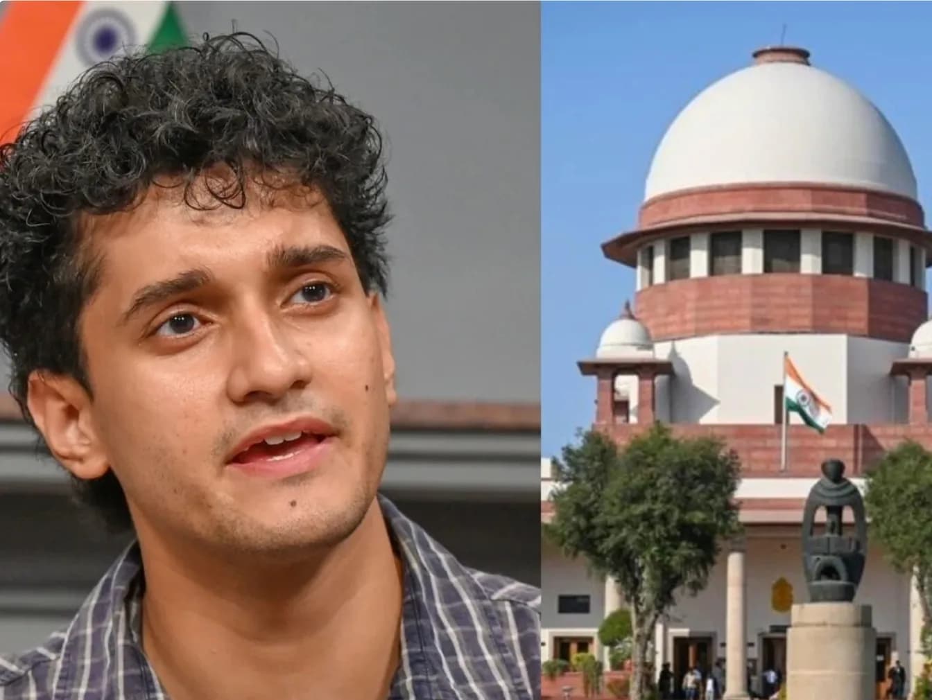 एक युवा व्यक्ति और भारत के सर्वोच्च न्यायालय की इमारत का एक स्प्लिट-स्क्रीन दृश्य।