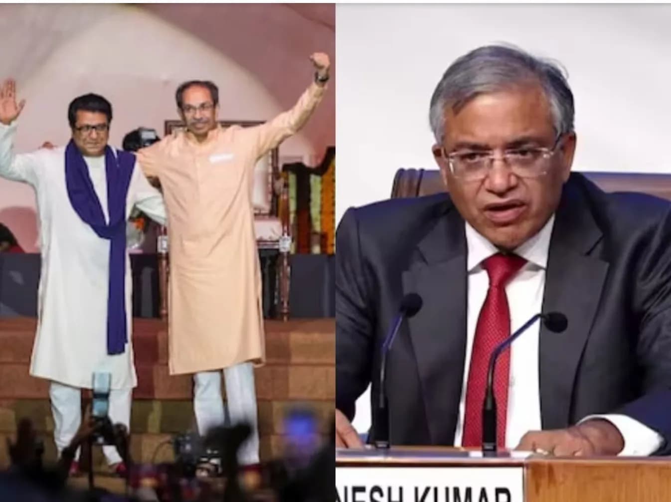 दो पुरुष मंच पर खड़े हैं और एक अन्य व्यक्ति माइक्रोफोन के सामने बैठा है।