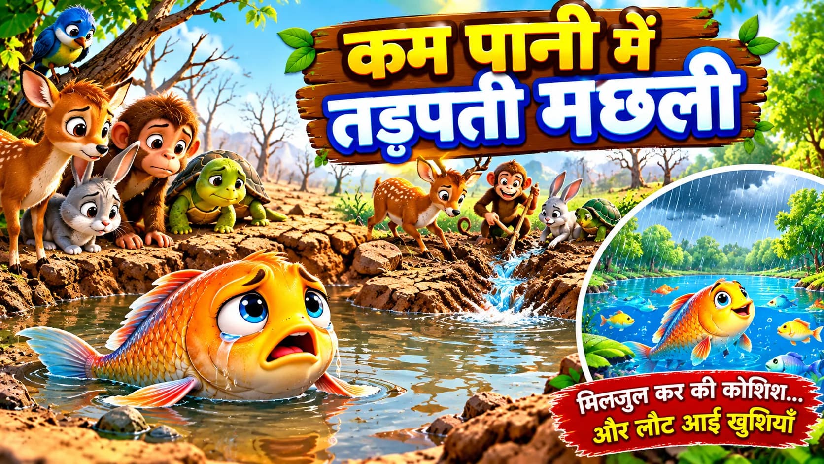 सूखे तालाब में तड़पती मछलियाँ और जंगल के जानवर पानी बचाने की कोशिश कर रहे हैं