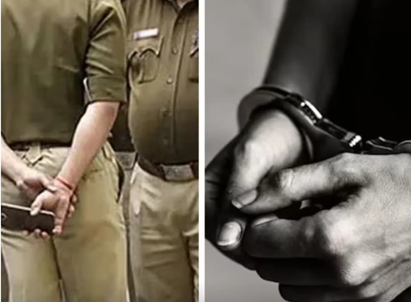 दो पुलिसकर्मी और हथकड़ी पहने हुए हाथ।