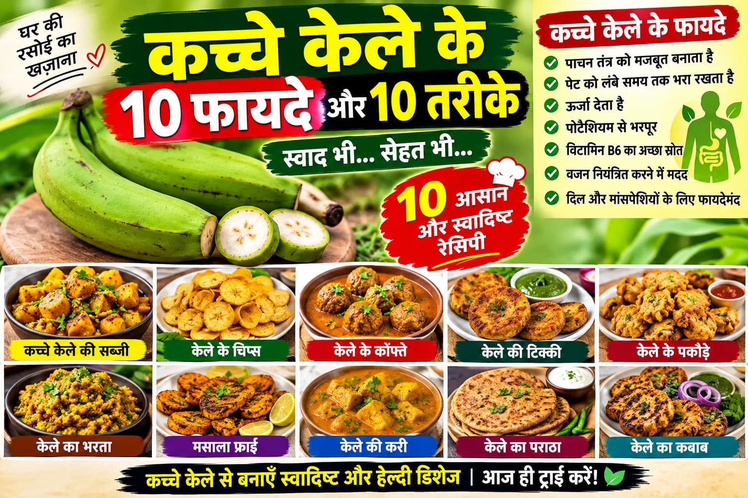 कच्चे केले के 10 फायदे और 10 तरीके, जिसमें केले की सब्जी, चिप्स, कोफ्ते, टिक्की, पकौड़े, भरता, मसाला फ्राई, करी, पराठा और कबाब शामिल हैं।