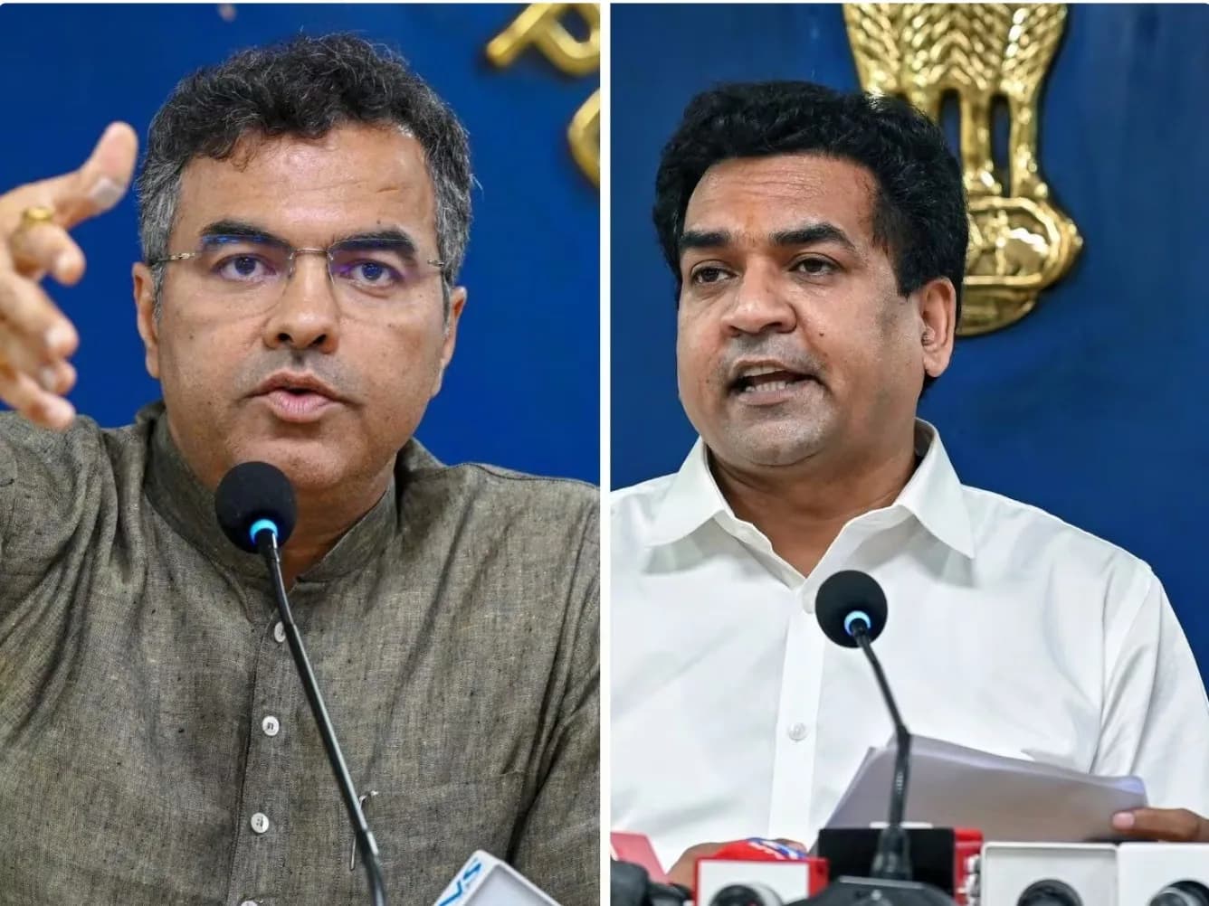 दो भारतीय पुरुष माइक्रोफोन के सामने बोल रहे हैं, एक भूरे रंग की शर्ट में और दूसरा सफेद शर्ट में।