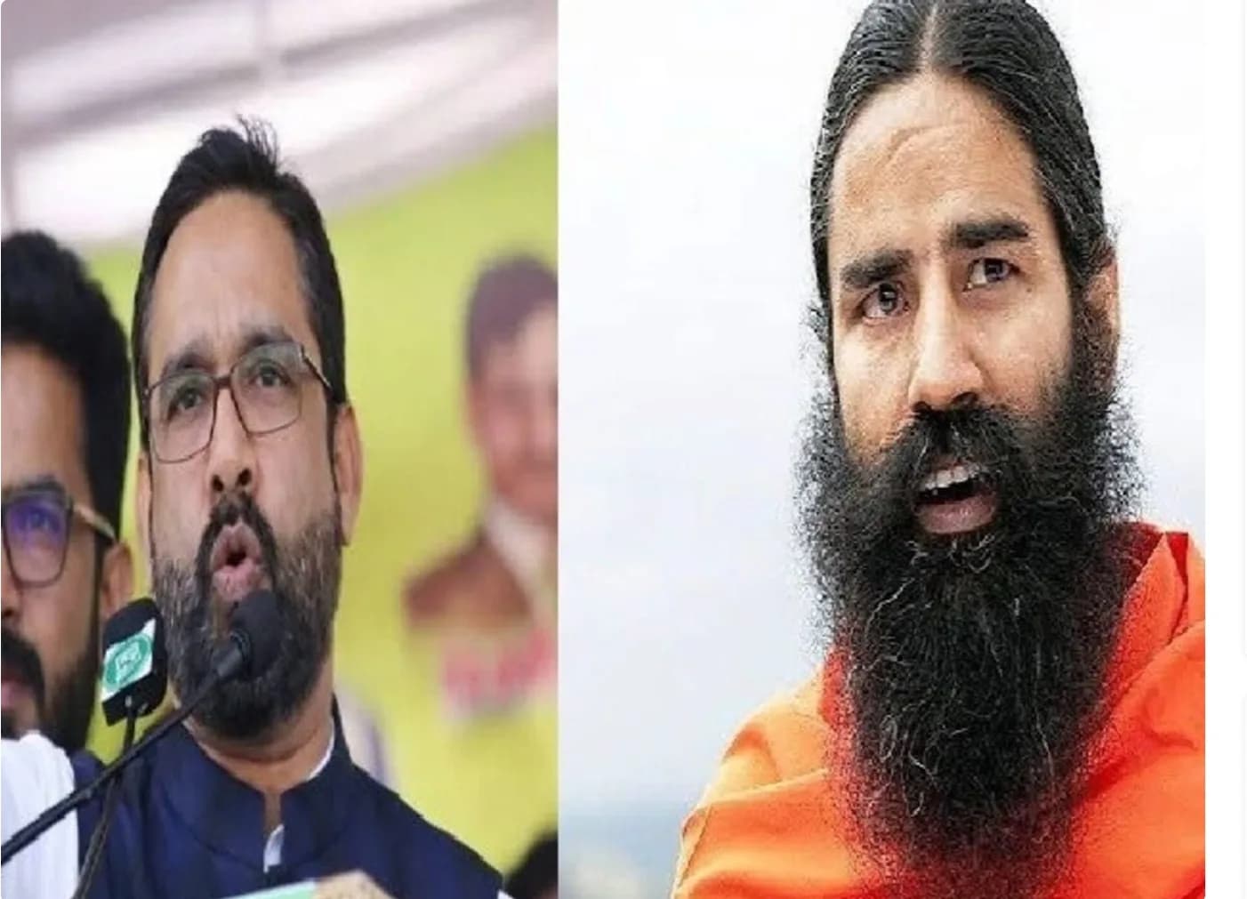 दो व्यक्ति, एक भाषण दे रहा है और दूसरा योग गुरु रामदेव।