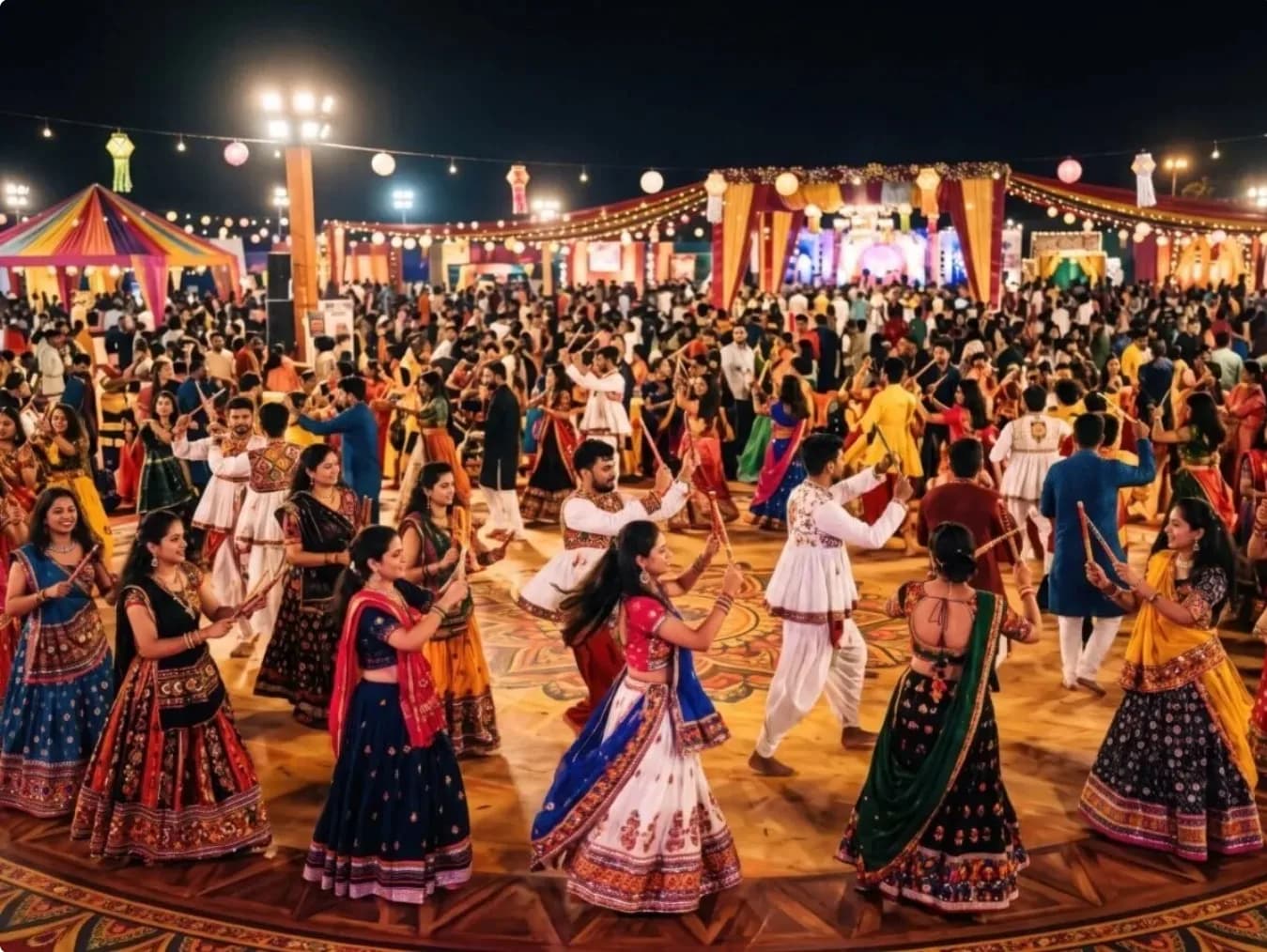 रात में एक बड़े खुले मैदान में पारंपरिक पोशाक पहने लोग गरबा नृत्य कर रहे हैं।