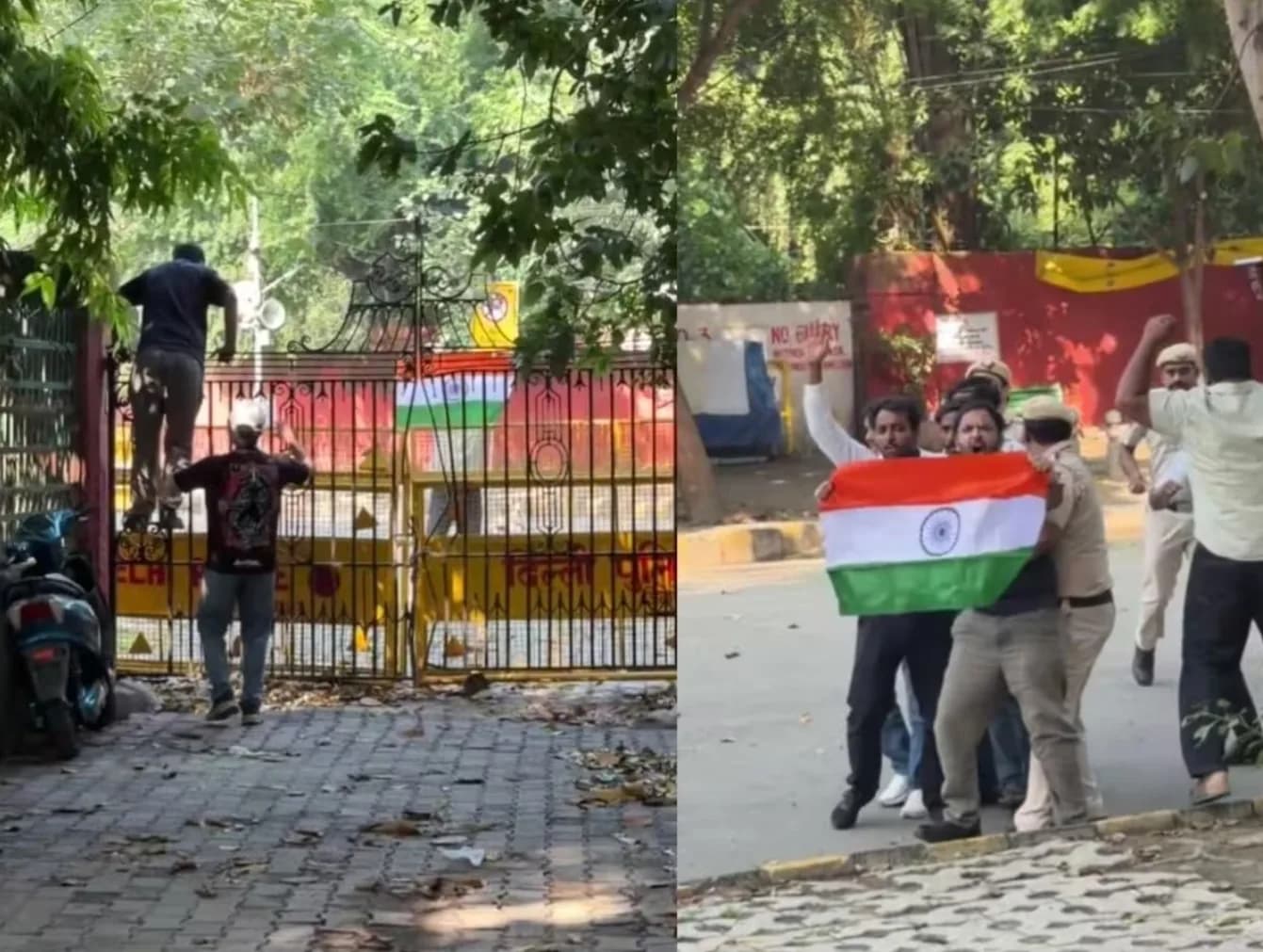 एक व्यक्ति लोहे के गेट पर चढ़ रहा है, जबकि दूसरा व्यक्ति भारतीय झंडा पकड़े हुए है।