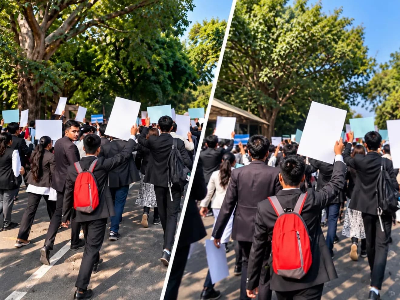 छात्रों का एक समूह विरोध प्रदर्शन में खाली पोस्टर पकड़े हुए सड़क पर चल रहा है।