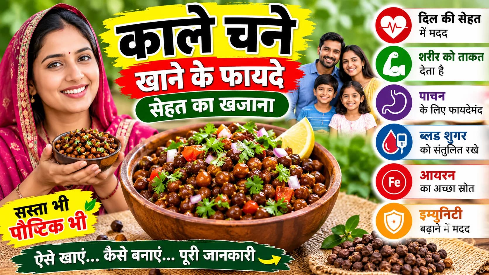 एक महिला काले चने का कटोरा पकड़े हुए है, साथ में एक परिवार और स्वास्थ्य लाभ भी हैं।