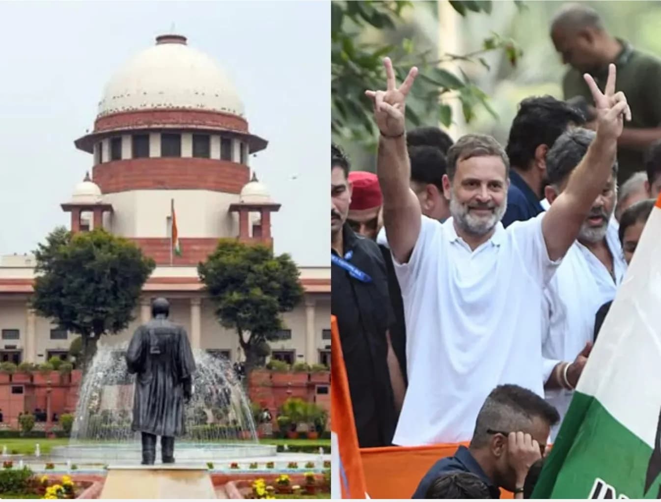सुप्रीम कोर्ट की इमारत और राहुल गांधी की तस्वीर, जिसमें वह विक्ट्री साइन दिखा रहे हैं।