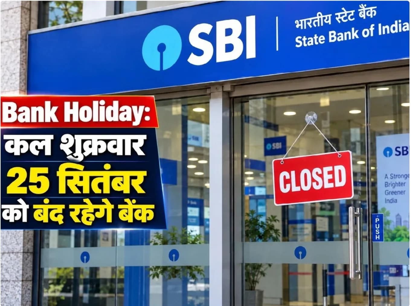 एसबीआई बैंक के बाहर 'बंद' का संकेत और 'बैंक अवकाश' का बैनर।
