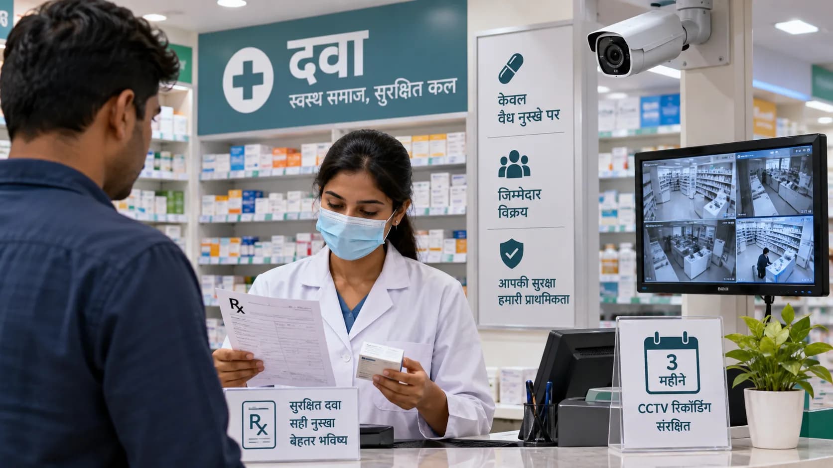 एक फार्मासिस्ट ग्राहक को दवा देते हुए, सीसीटीवी कैमरे लगे हुए हैं।