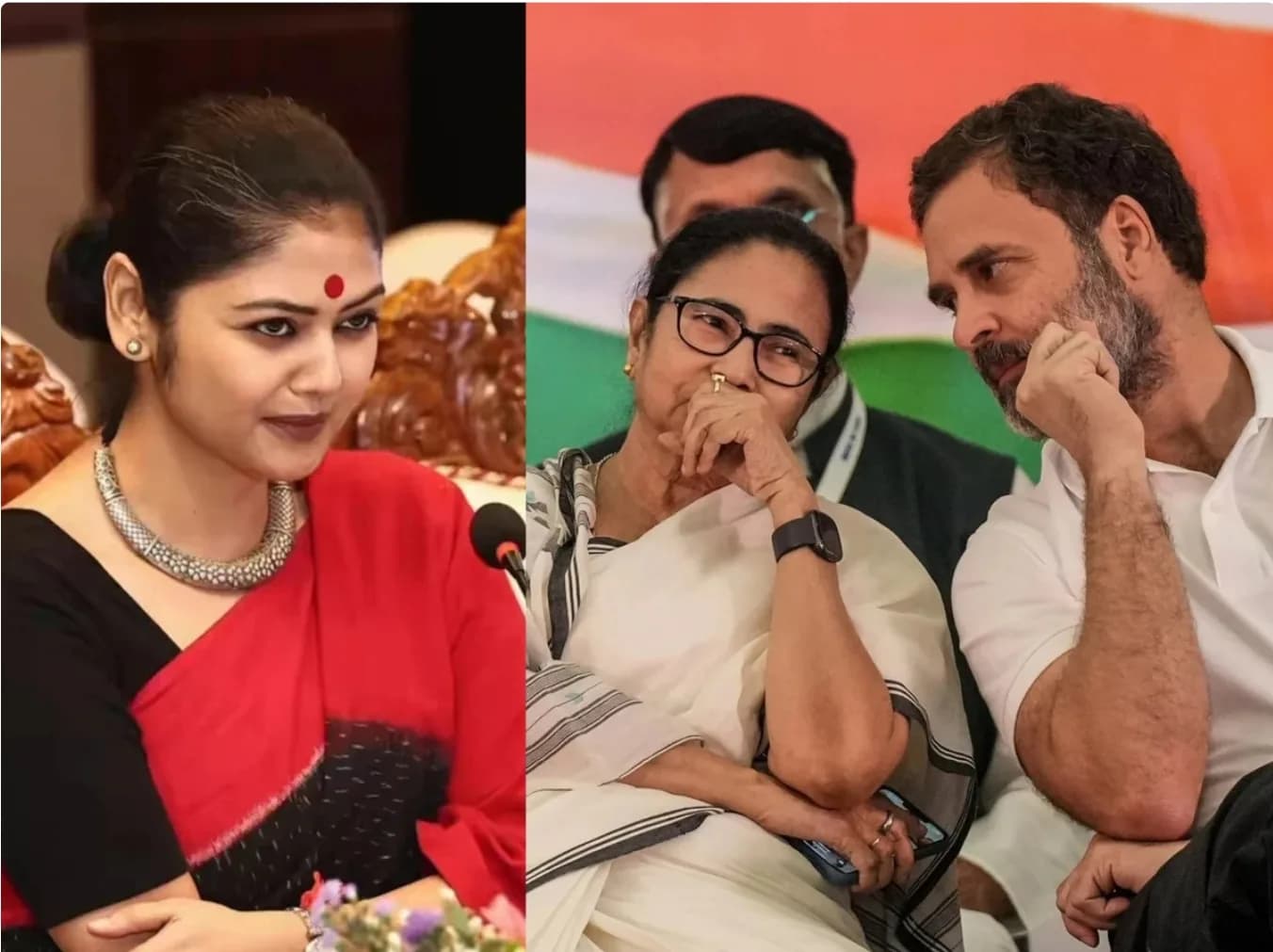 एक महिला लाल साड़ी में और ममता बनर्जी और राहुल गांधी बात कर रहे हैं।