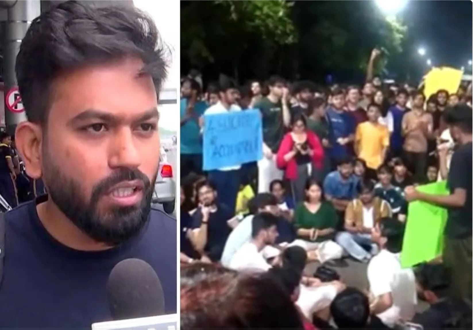 एक आदमी माइक्रोफोन में बात कर रहा है, जबकि छात्रों का एक समूह विरोध प्रदर्शन कर रहा है।